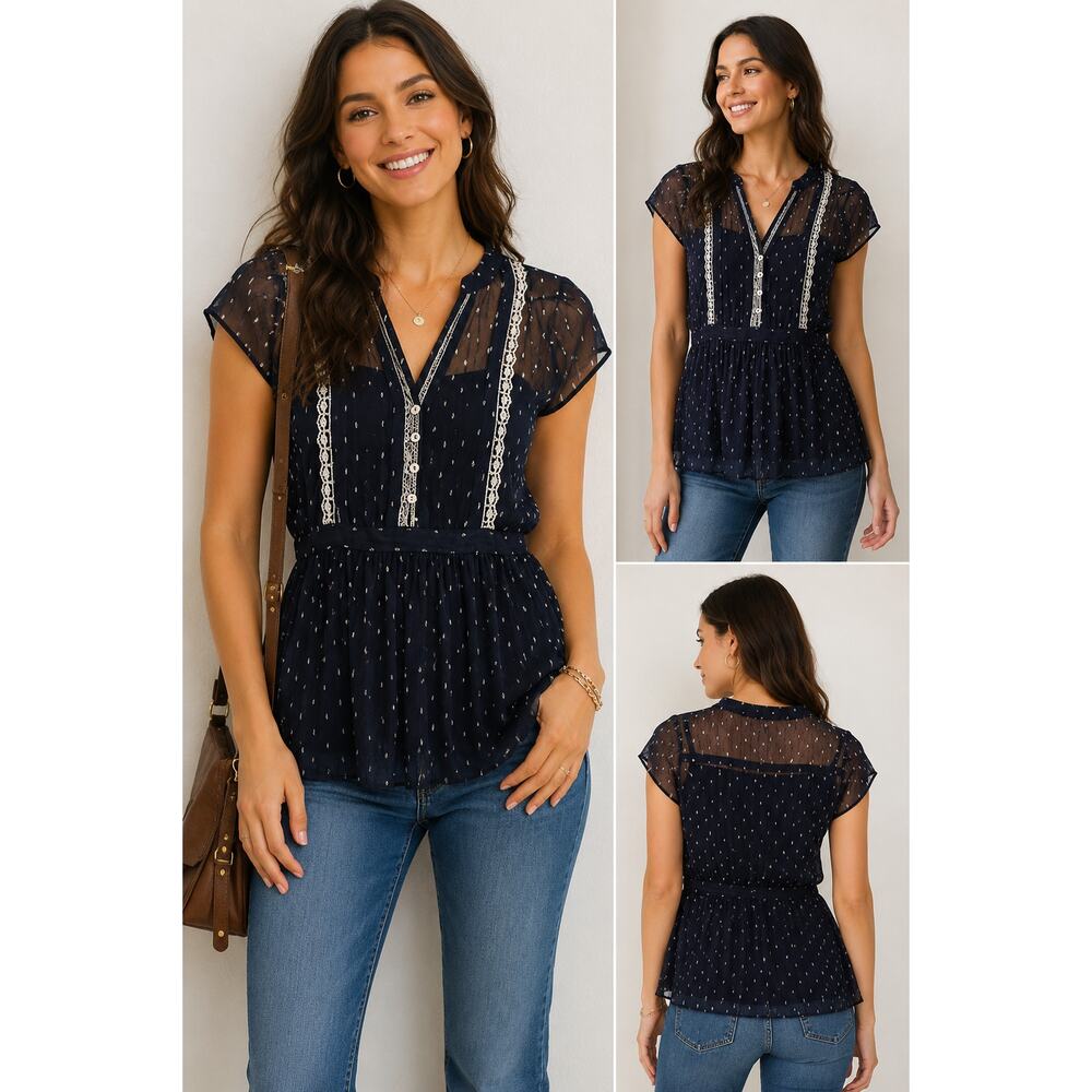 Y2K Love Squared Navy Sheer Peplum Blouse Boho Coquette Top M